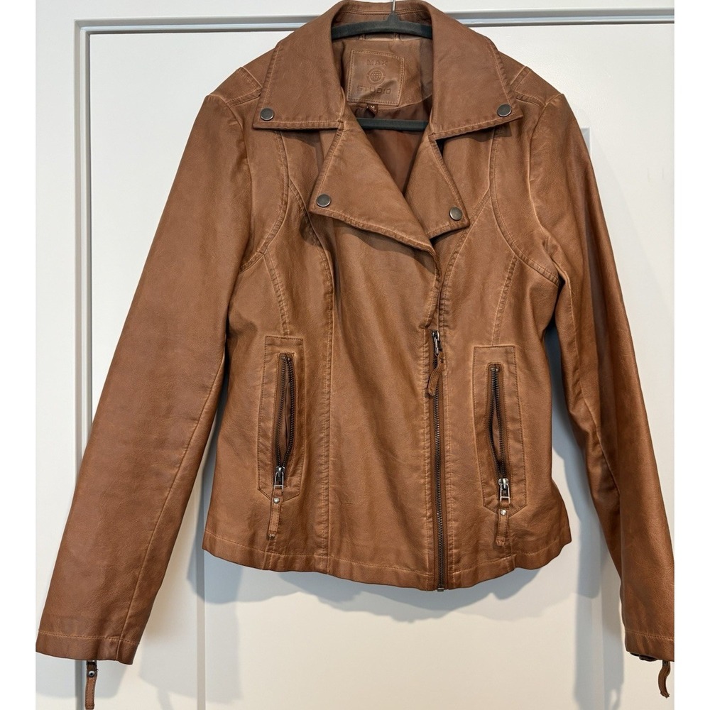 Max Studio Bohemian Y2K Brown Biker Jacket Full Zip Collared Long Sleeve M